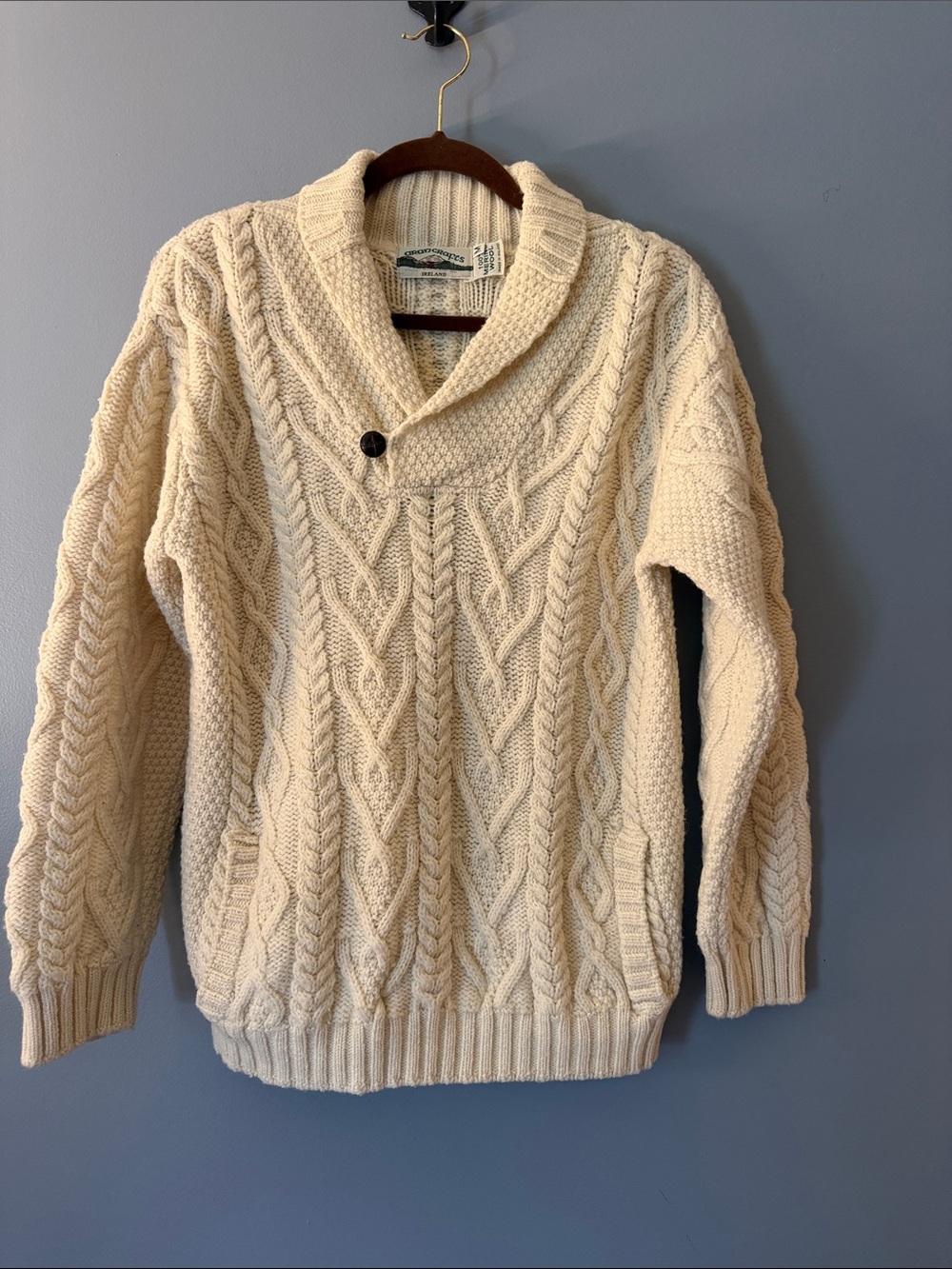 Aran Crafts Shawl Collar Cable Knit Sweater - Cream 100% Wool Medium